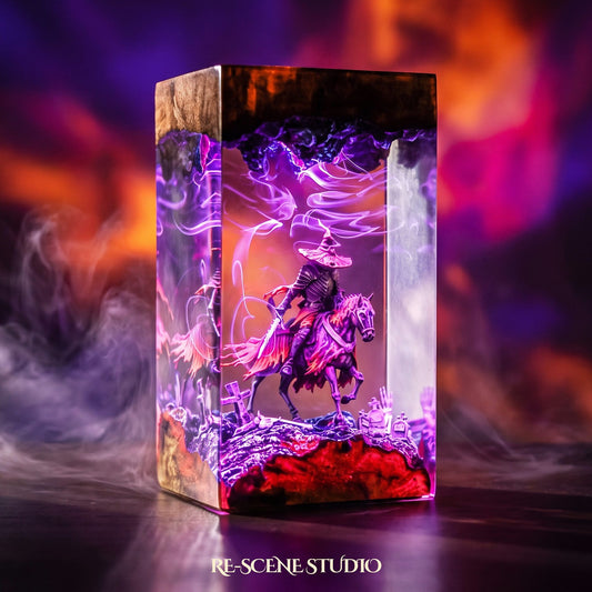 Witch Knight Rider Pillar Resin Lamp (Halloween), hand-poured epoxy resin night light glowing in 16 RGB colors