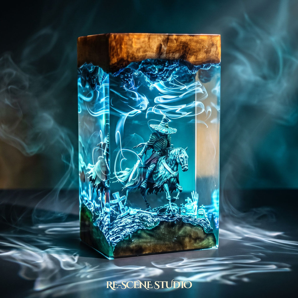 Halloween collectible: the Witch Knight Rider Pillar Resin Lamp, handmade on a wooden base
