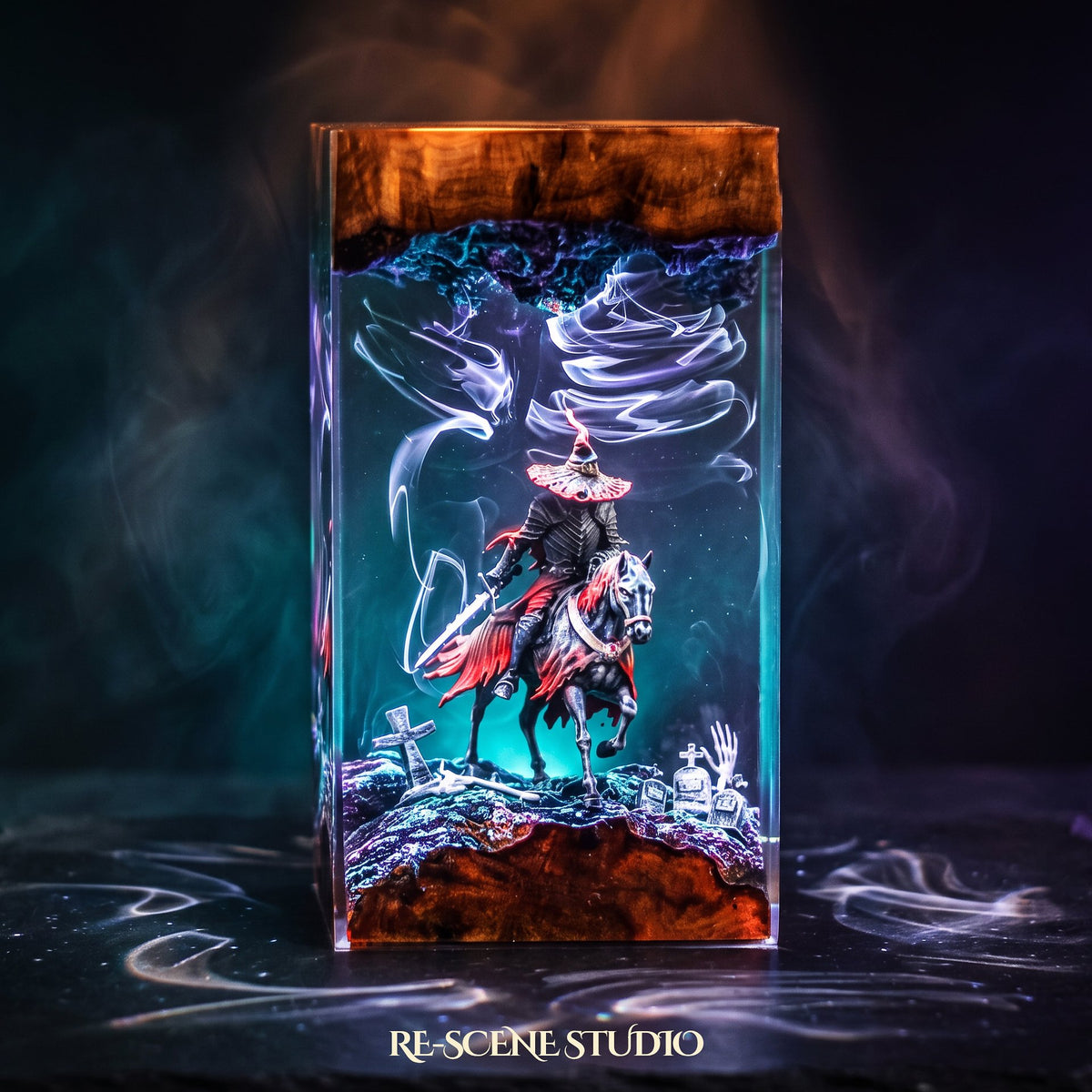 Witch Knight Rider Pillar Resin Lamp lit up in the dark, Halloween resin diorama lamp for desk or shelf