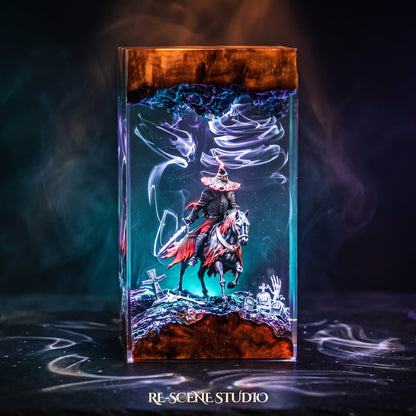 Witch Knight Rider Pillar Resin Lamp lit up in the dark, Halloween resin diorama lamp for desk or shelf