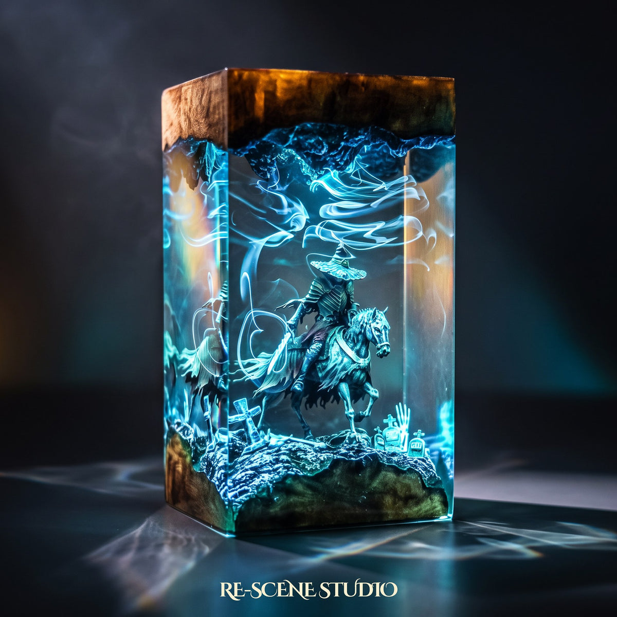 Close look at the Witch Knight Rider Pillar Resin Lamp, a handcrafted Halloween epoxy resin LED lamp