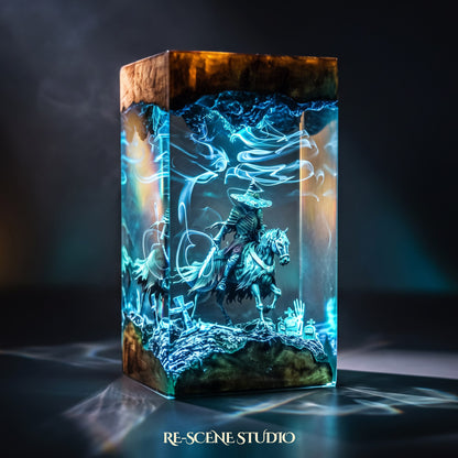 Close look at the Witch Knight Rider Pillar Resin Lamp, a handcrafted Halloween epoxy resin LED lamp