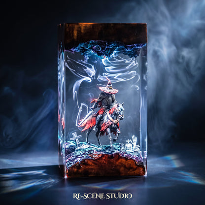 Witch Knight Rider Pillar Resin Lamp, Halloween resin art lamp