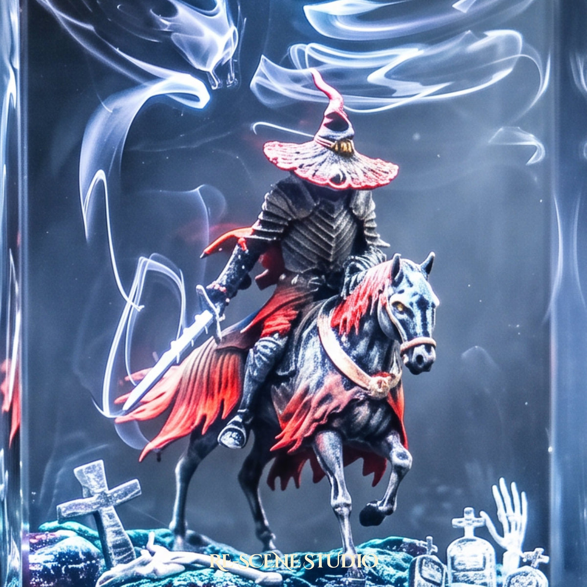 Witch Knight Rider Pillar Resin Lamp from another angle, handmade Halloween LED resin lamp