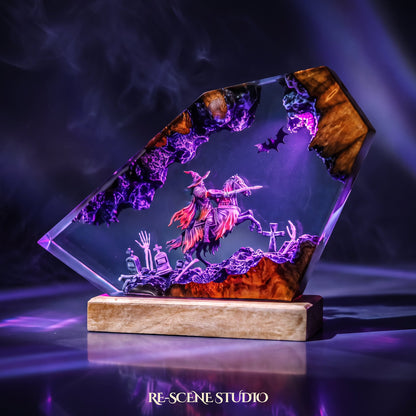Halloween collectible: the Witch Knight Rider Resin Lamp, handmade on a wooden base