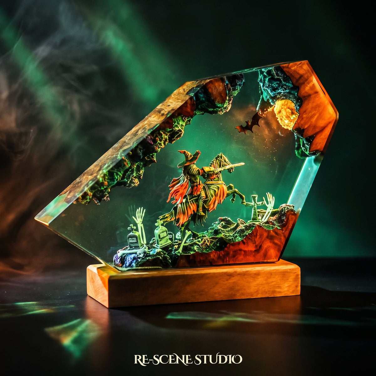Witch Knight Rider Resin Lamp lit up in the dark, Halloween resin diorama lamp for desk or shelf