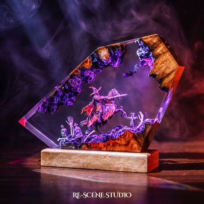 Close look at the Witch Knight Rider Resin Lamp, a handcrafted Halloween epoxy resin LED lamp
