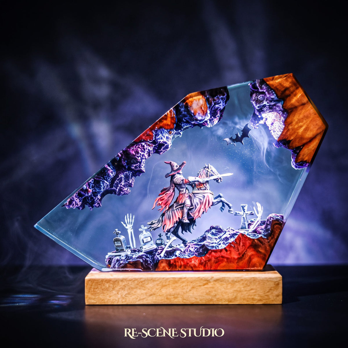 Glowing Witch Knight Rider Resin Lamp: Halloween fan decor sealed in crystal-clear epoxy resin