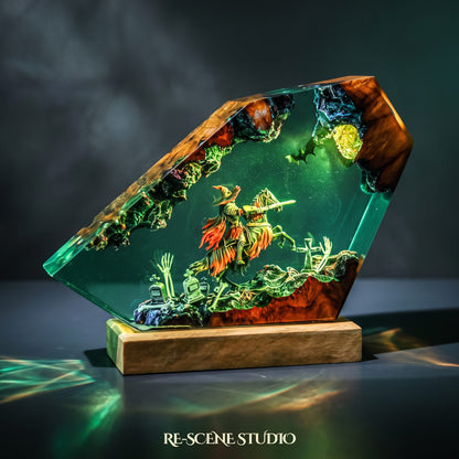 Witch Knight Rider Resin Lamp from another angle, handmade Halloween LED resin lamp