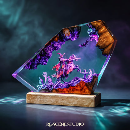 Halloween gift idea, the Witch Knight Rider Resin Lamp with color-changing RGB lighting