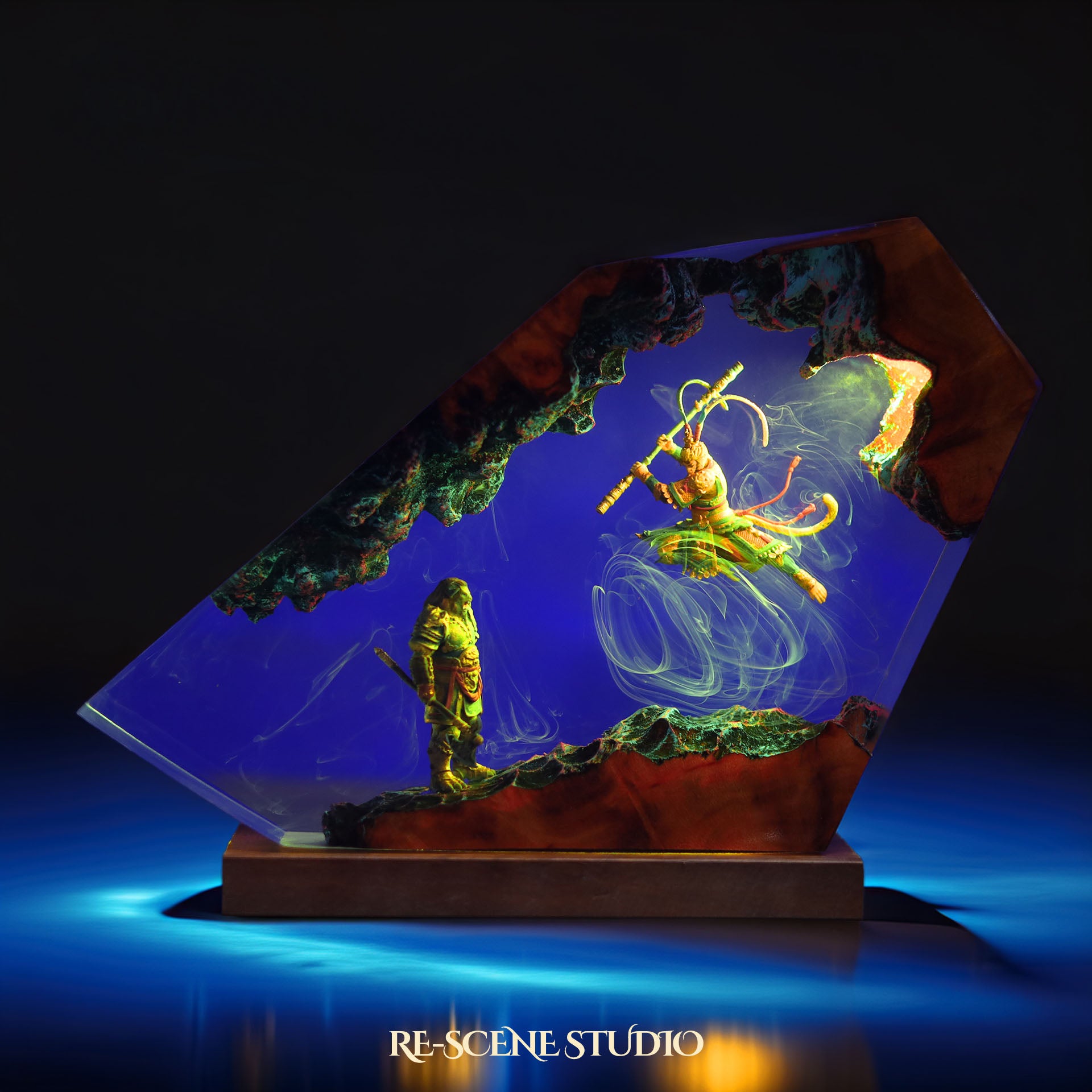 W.ukong V.s. B.ull K.ing Resin Lamp — Closeup Detail | Original Epoxy Resin Sculpture with Built-in LED Glow