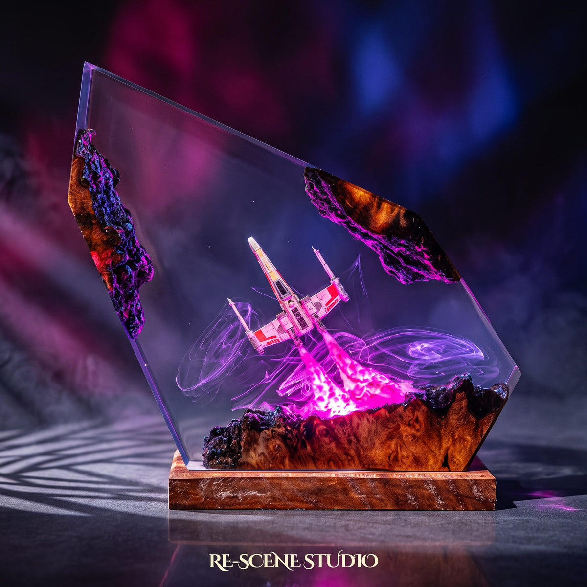 X-Wing Resin Lamp lit up in the dark, Star Wars resin diorama lamp for desk or shelf