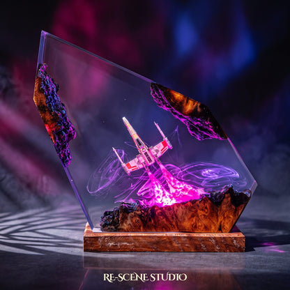 X-Wing Resin Lamp lit up in the dark, Star Wars resin diorama lamp for desk or shelf