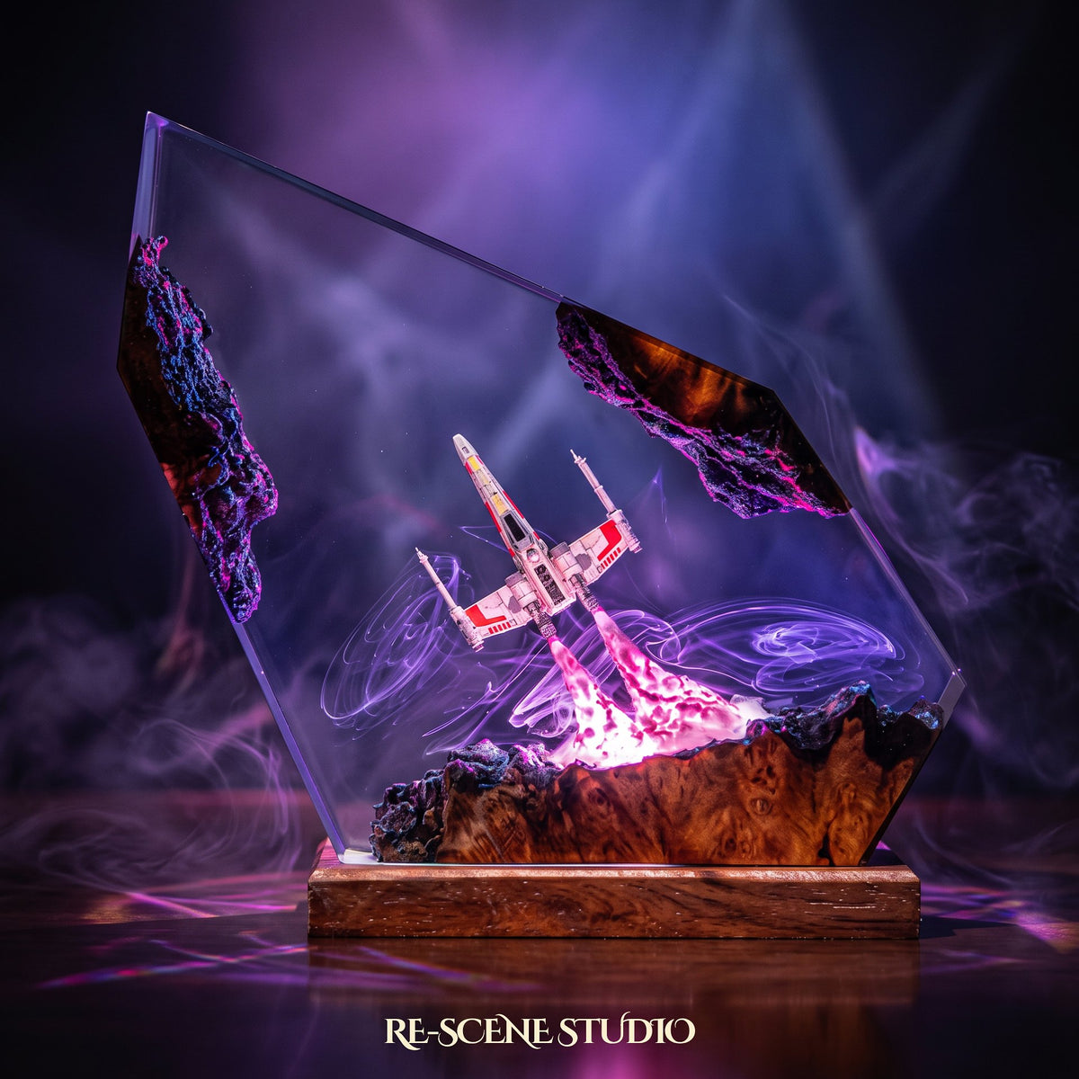 Close look at the X-Wing Resin Lamp, a handcrafted Star Wars epoxy resin LED lamp