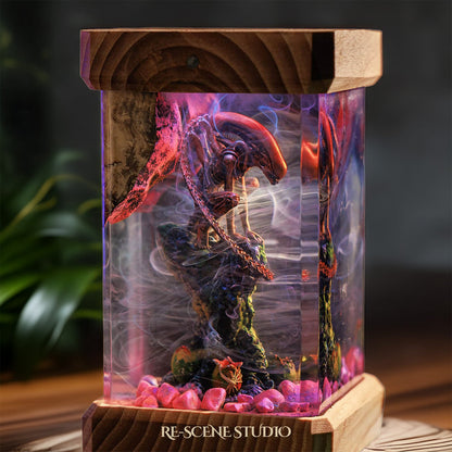 Xenomorph Resin Lamp lit up in the dark, Alien resin diorama lamp for desk or shelf