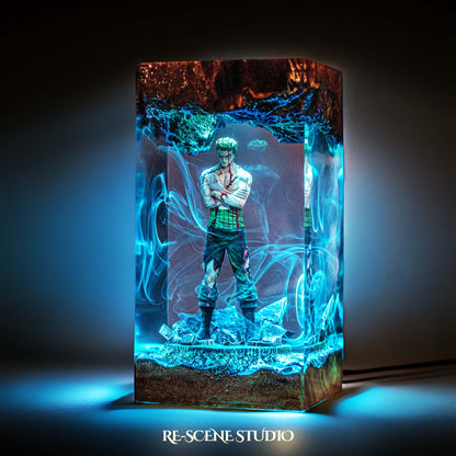 Roronoa Zoro Resin Lamp V4 — Display Setup | Artisan Resin Art Lamp, Ambient Light for Home or Office