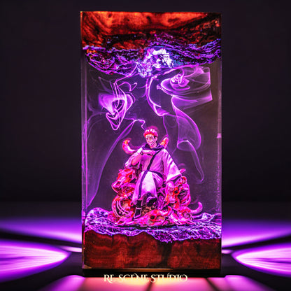 Red-haired curse king among a throne of skulls handmade epoxy resin LED lamp on a wooden base – RGB color glow in a dark room