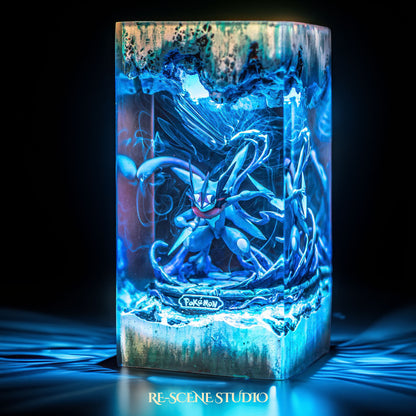 Blue ninja frog warrior with a giant water shuriken handmade epoxy resin LED lamp on a wooden base – RGB color glow in a dark room