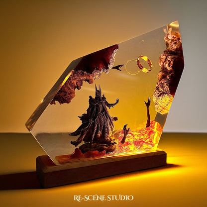 Sauron Dark Lord resin lamp lit at night with atmospheric mood glow