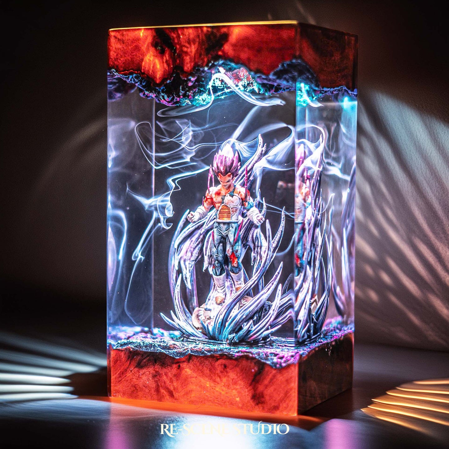 Violet-haired proud warrior in torn battle armor handmade epoxy resin LED lamp on a wooden base – front view, lit