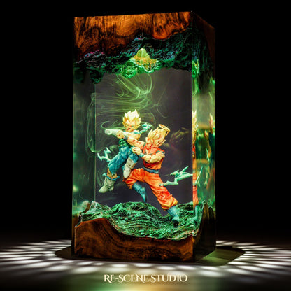 Top view of Goku vs Vegeta resin lamp on natural wood base