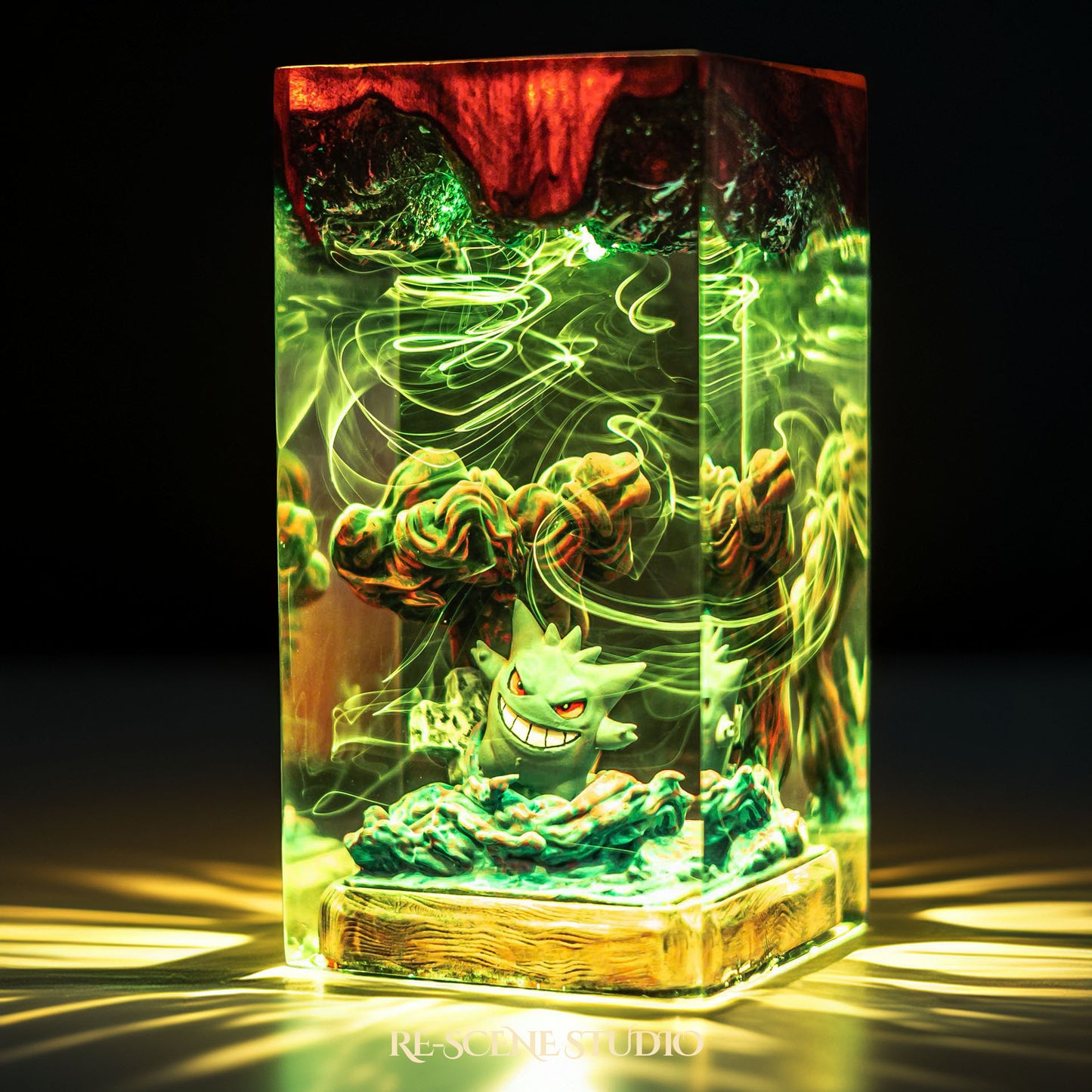 Grinning shadow phantom with a looming dark silhouette handmade epoxy resin LED lamp on a wooden base – RGB color glow in a dark room