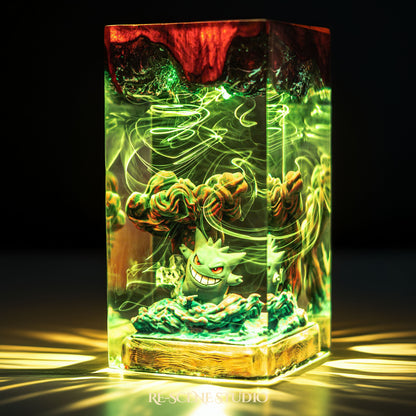 Grinning shadow phantom with a looming dark silhouette handmade epoxy resin LED lamp on a wooden base – RGB color glow in a dark room