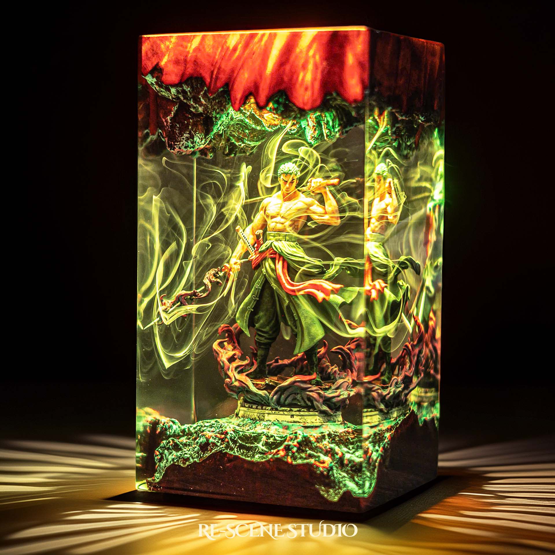 Green-clad three-sword swordsman mid-stance handmade epoxy resin LED lamp on a wooden base – size and scale view