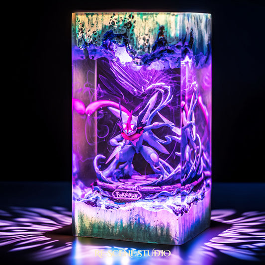 Blue ninja frog warrior with a giant water shuriken handmade epoxy resin LED lamp on a wooden base – front view, lit