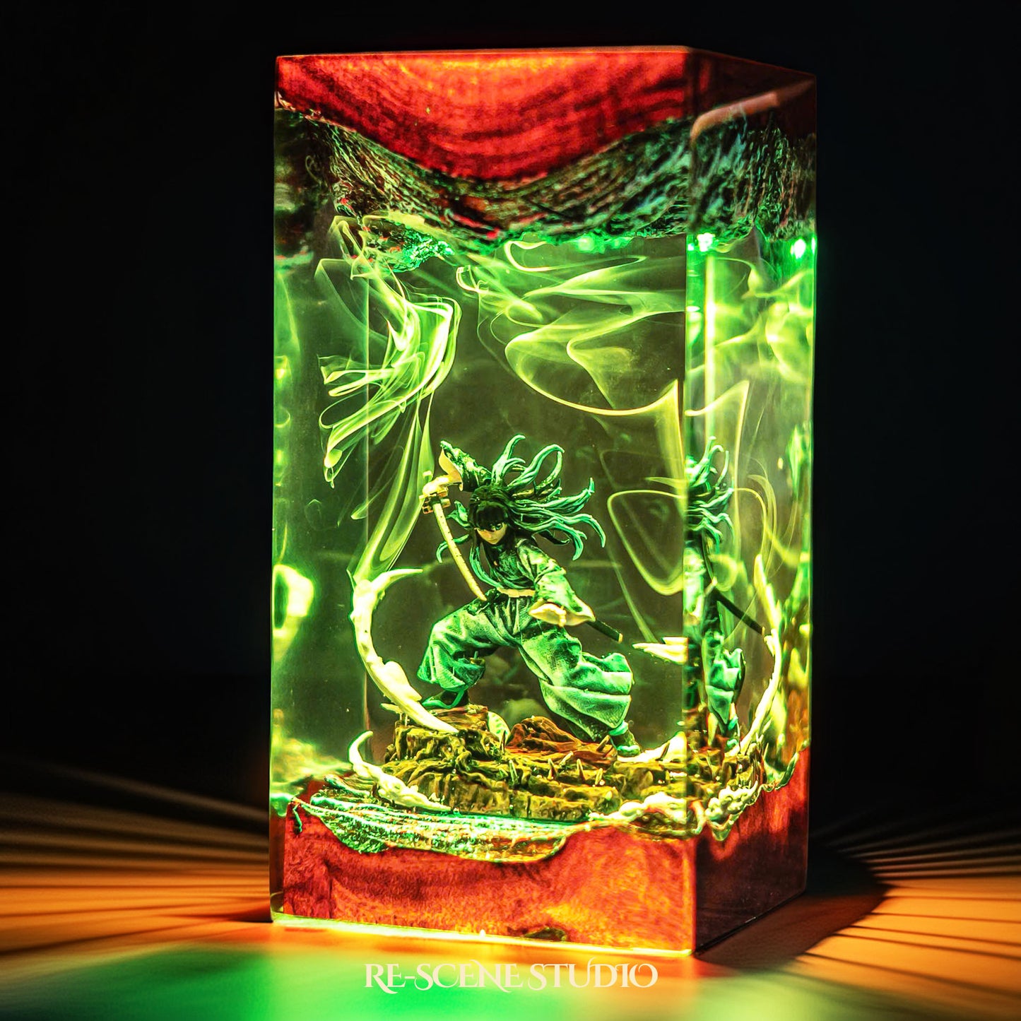 Teal-haired mist swordsman in a battle stance handmade epoxy resin LED lamp on a wooden base – size and scale view