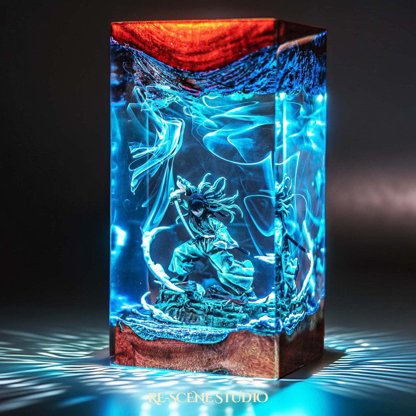 Teal-haired mist swordsman in a battle stance handmade epoxy resin LED lamp on a wooden base – angled side view