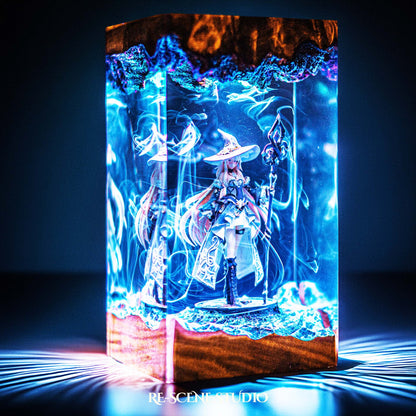 Witch sorceress with a wide hat and glowing staff handmade epoxy resin LED lamp on a wooden base – angled side view