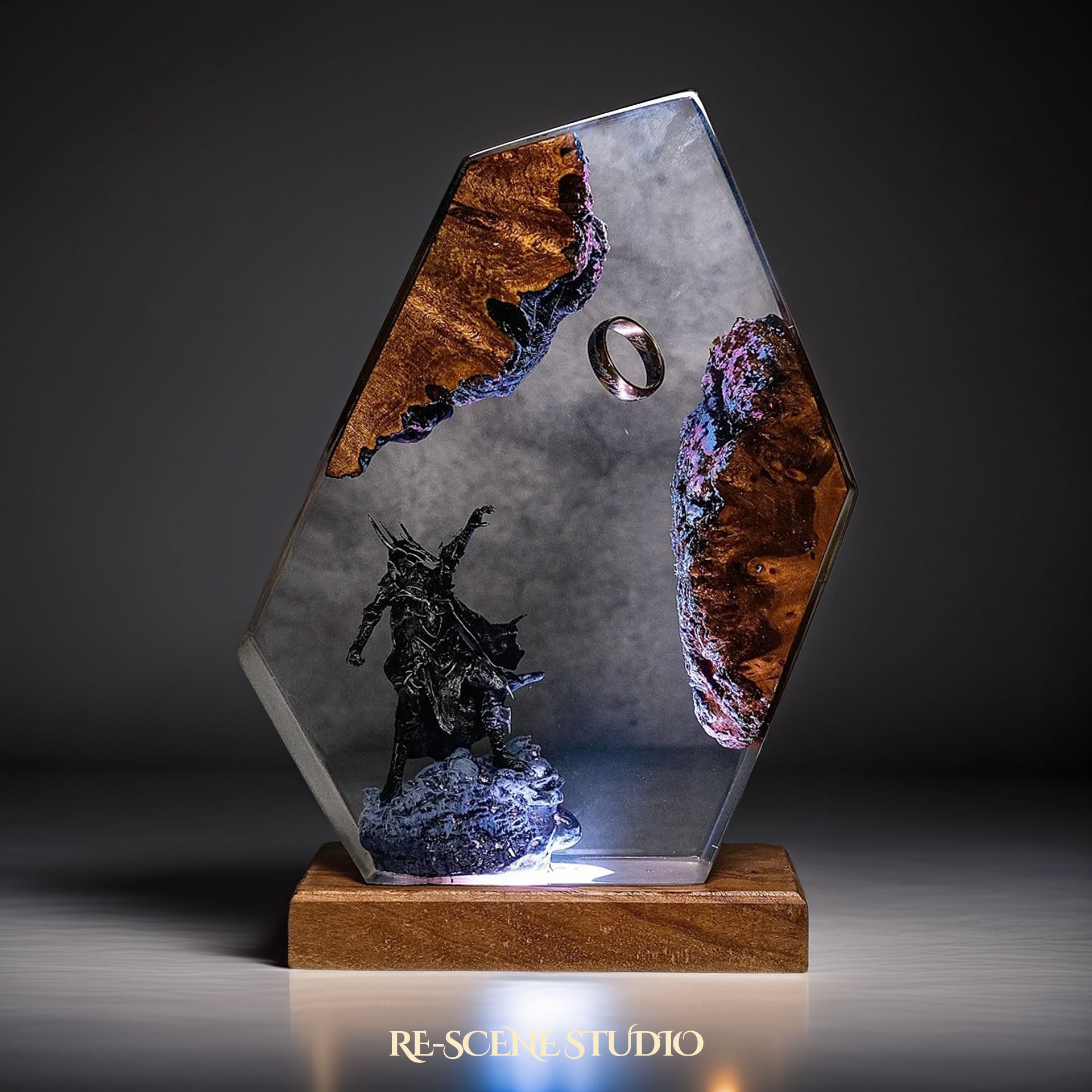 Sauron Hexagon resin lamp side view with cinematic LED ambient lighting