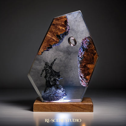 Sauron Hexagon resin lamp side view with cinematic LED ambient lighting