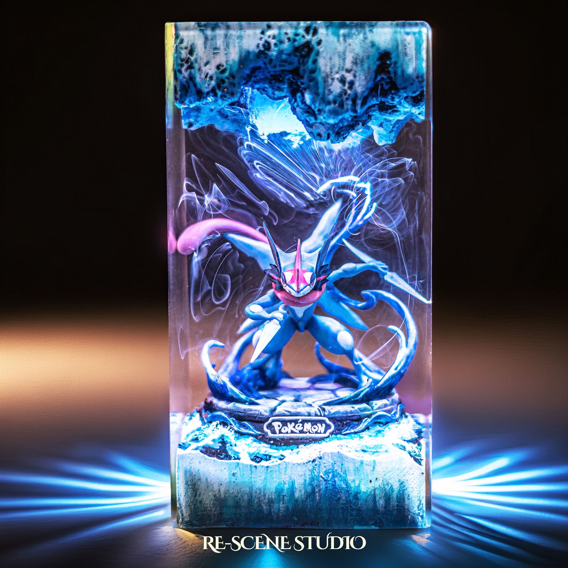 Blue ninja frog warrior with a giant water shuriken handmade epoxy resin LED lamp on a wooden base – close-up resin detail