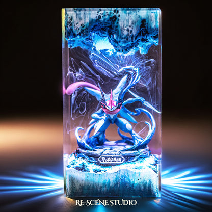 Blue ninja frog warrior with a giant water shuriken handmade epoxy resin LED lamp on a wooden base – close-up resin detail