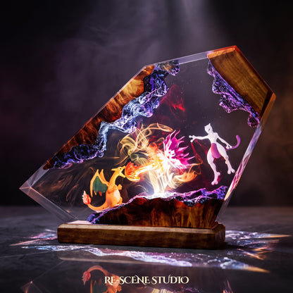 Charizard vs Mewtwo Resin Lamp (Pokemon) — hand-poured epoxy resin night light glowing in 16 RGB colors