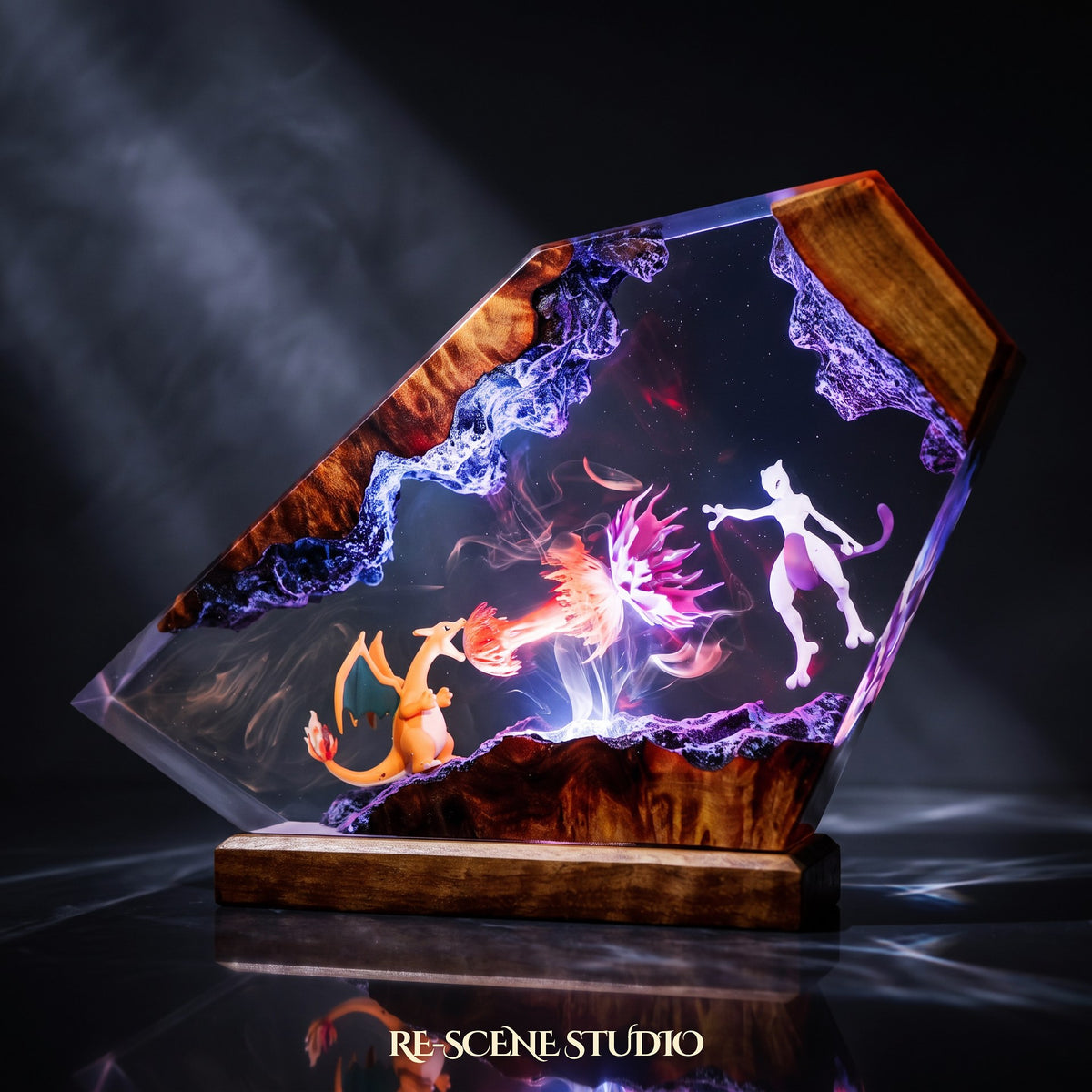 Pokemon collectible: the Charizard vs Mewtwo Resin Lamp, handmade on a wooden base