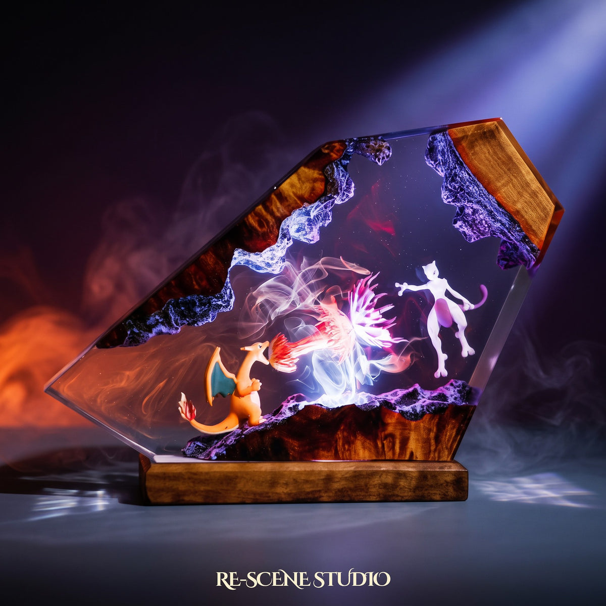 Charizard vs Mewtwo Resin Lamp lit up in the dark — Pokemon resin diorama lamp for desk or shelf