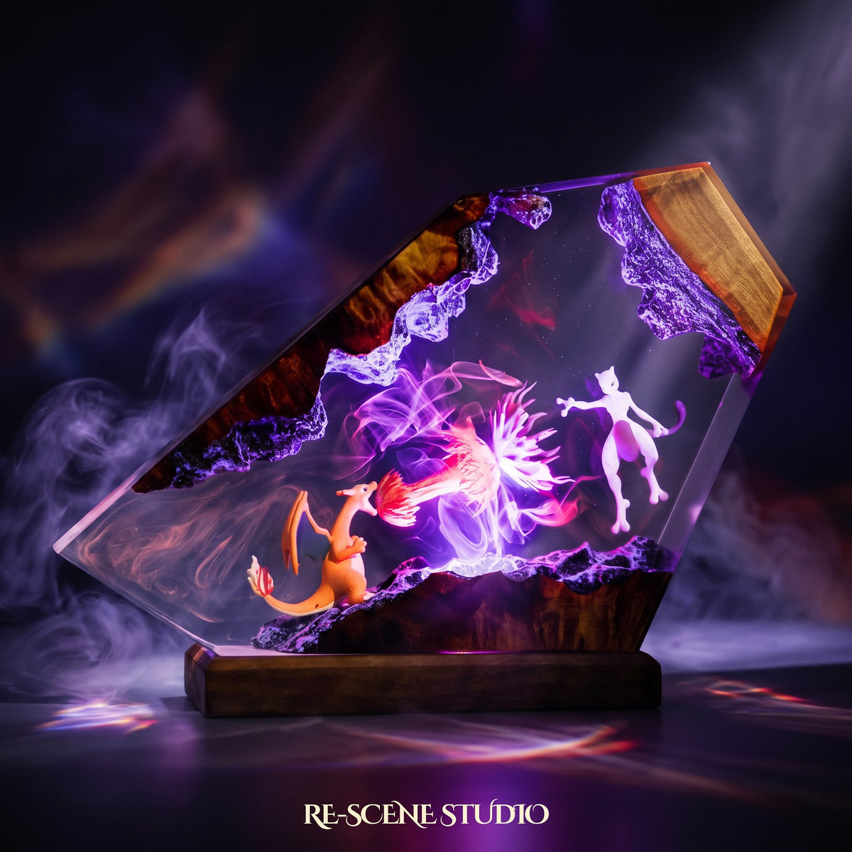 Close look at the Charizard vs Mewtwo Resin Lamp, a handcrafted Pokemon epoxy resin LED lamp