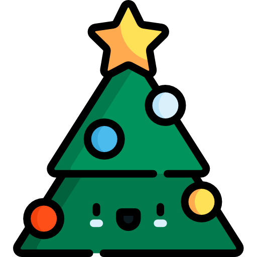 Cartoon Christmas tree with a star on top and colorful bulbs on a white background