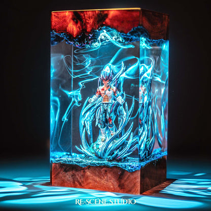 Violet-haired proud warrior in torn battle armor handmade epoxy resin LED lamp on a wooden base – close-up resin detail