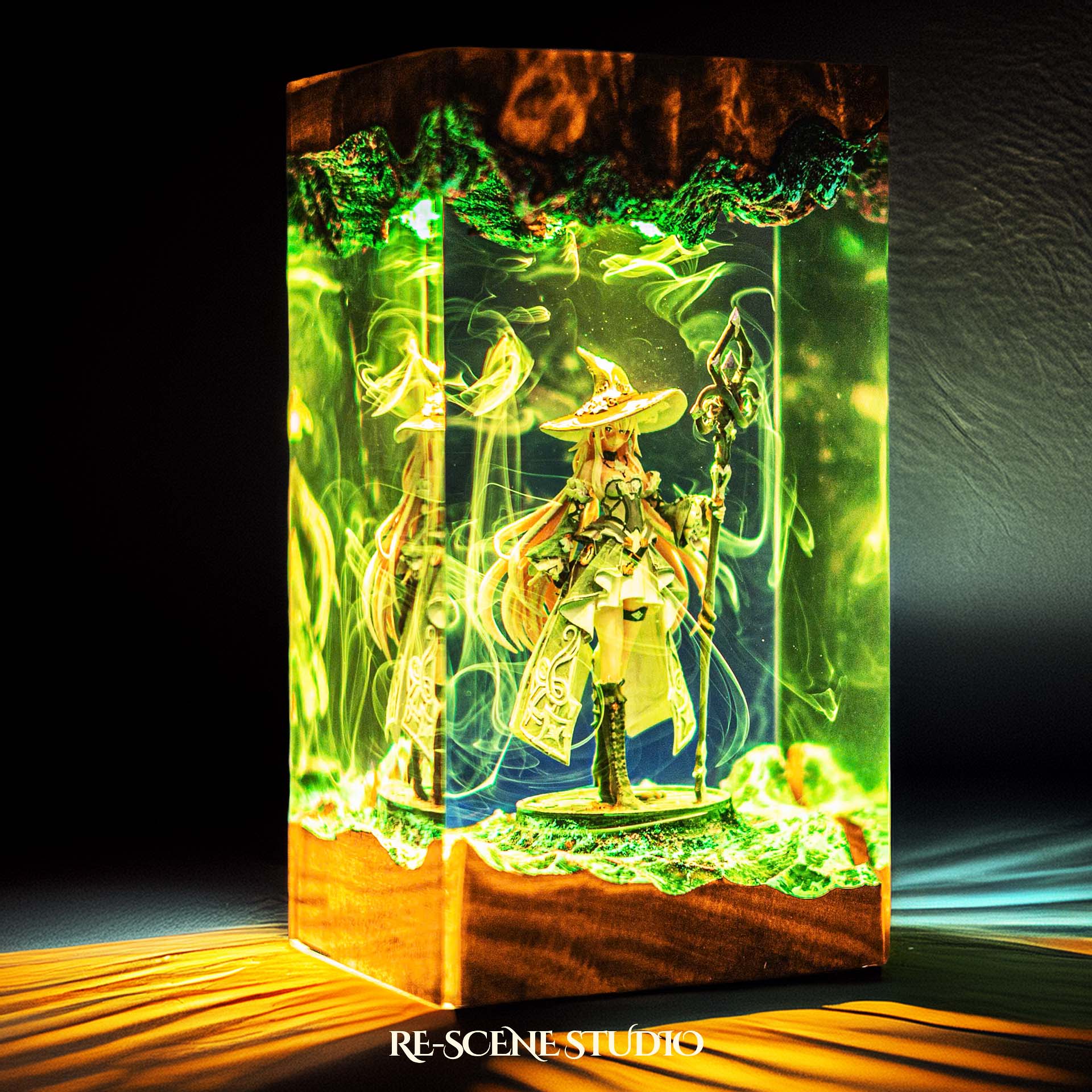 Witch sorceress with a wide hat and glowing staff handmade epoxy resin LED lamp on a wooden base – RGB color glow in a dark room