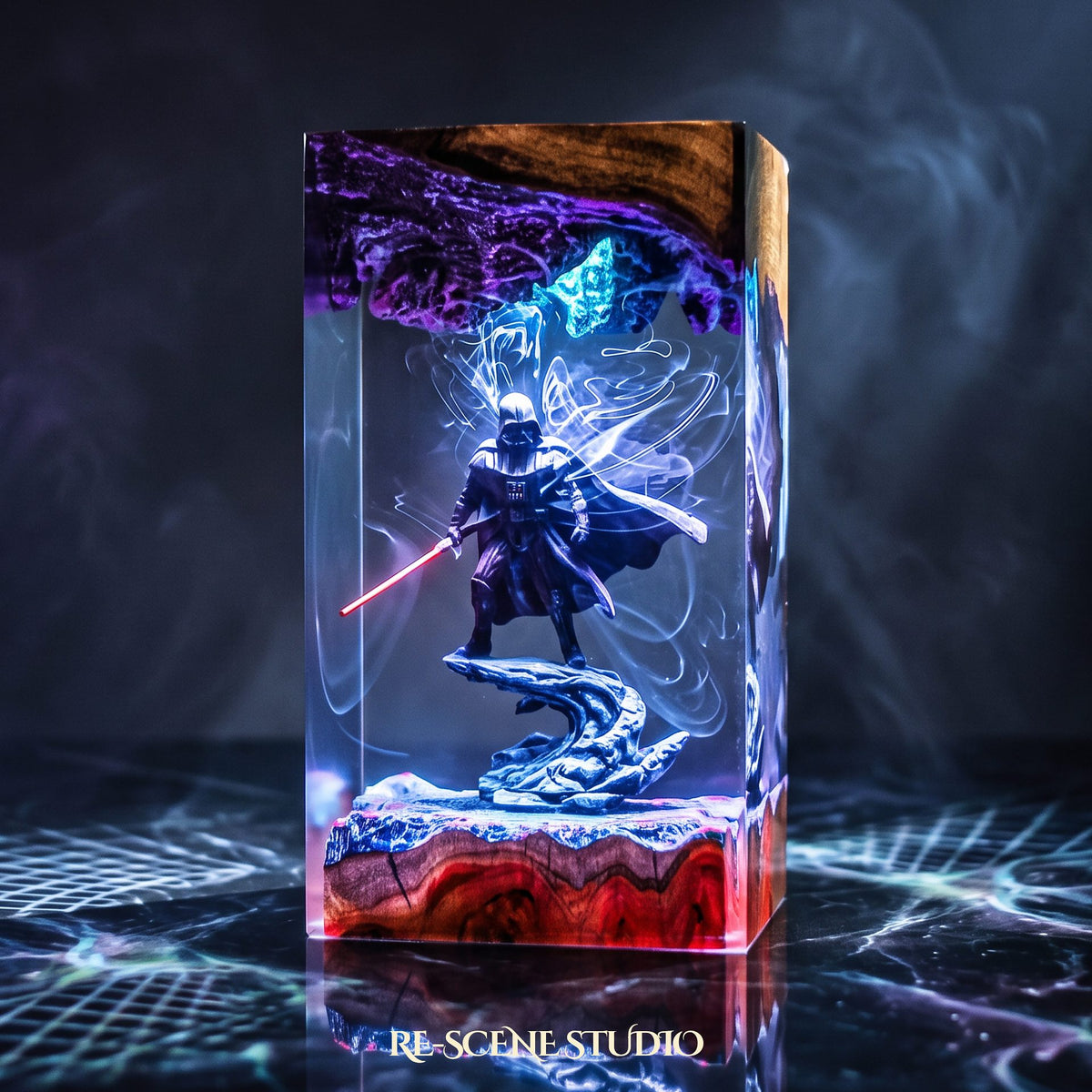 Darth Vader Resin Lamp V3 lit up in the dark — Star Wars resin diorama lamp for desk or shelf
