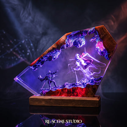 Darth Vader vs Yoda Resin Lamp lit up in the dark — Star Wars resin diorama lamp for desk or shelf