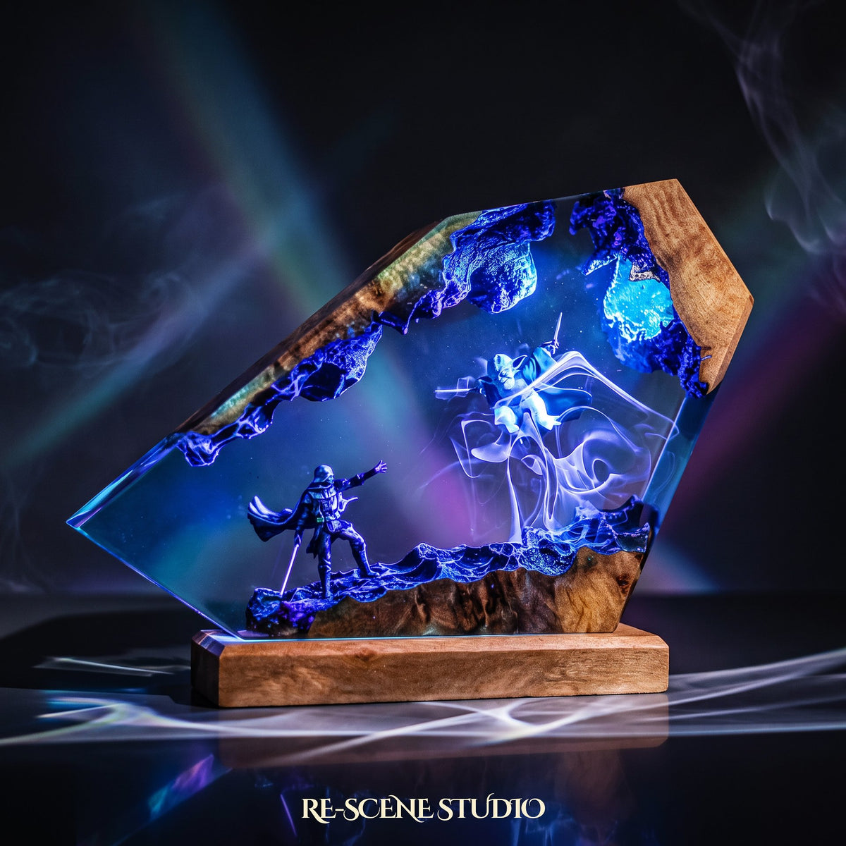 Close look at the Darth Vader vs Yoda Resin Lamp, a handcrafted Star Wars epoxy resin LED lamp