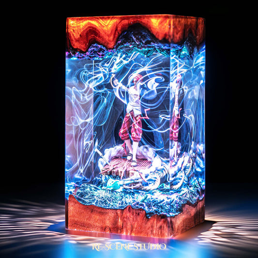 Red-haired pirate emperor with arm raised on a ship handmade epoxy resin LED lamp on a wooden base – front view, lit