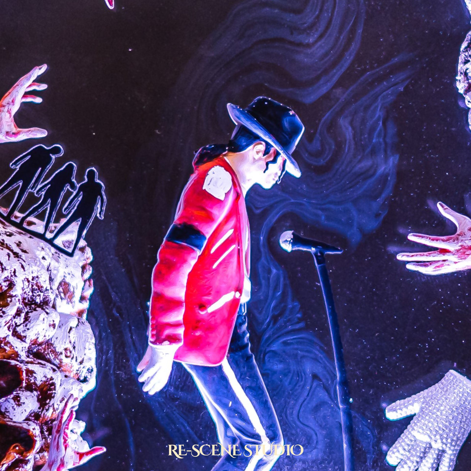 Handmade epoxy resin table lamp showing a dancer in a fedora and red jacket in a dramatic forward anti-gravity lean with reaching shadow hands, on a wood LED base (view 8)