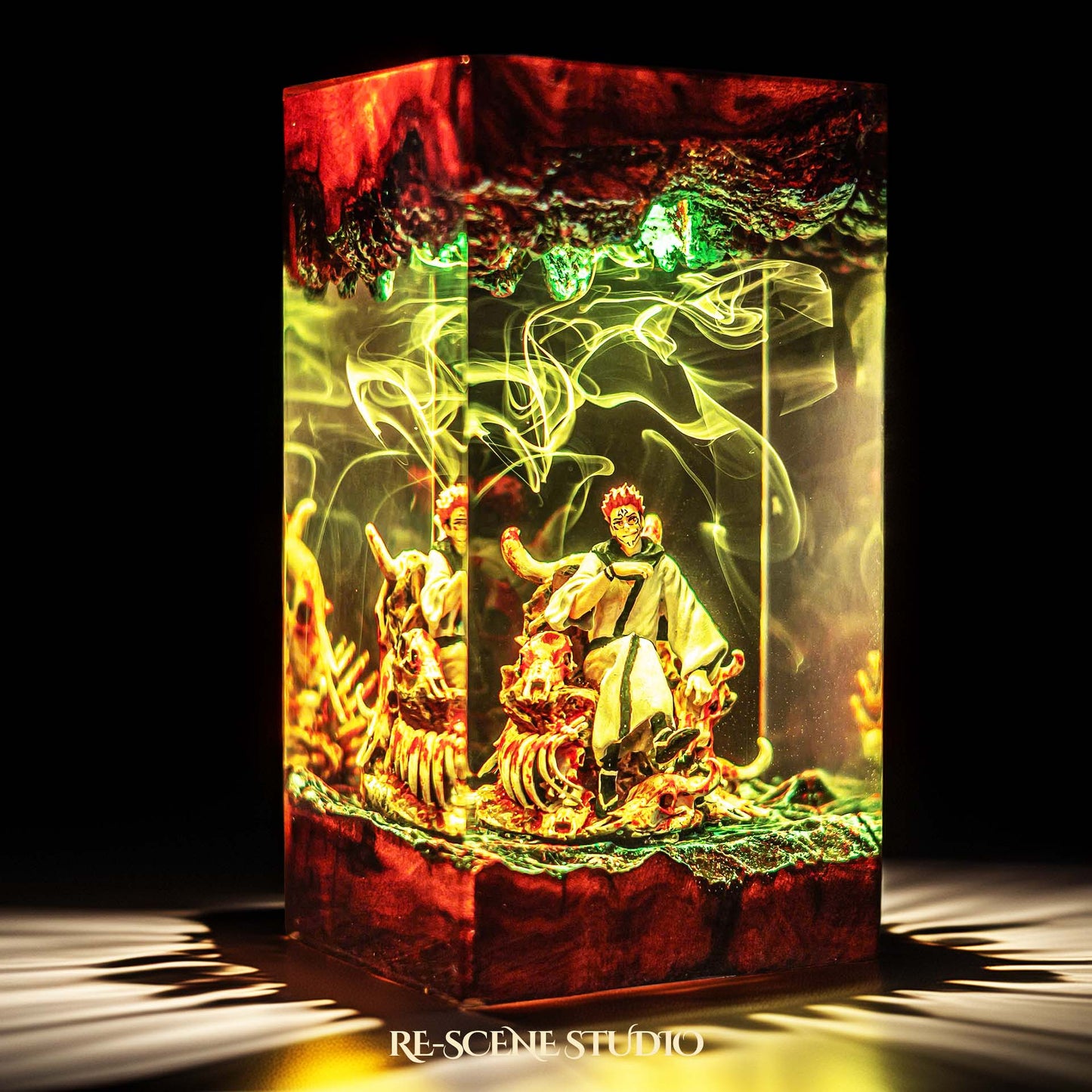Red-haired curse king among a throne of skulls handmade epoxy resin LED lamp on a wooden base – close-up resin detail