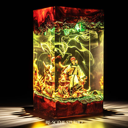 Red-haired curse king among a throne of skulls handmade epoxy resin LED lamp on a wooden base – close-up resin detail